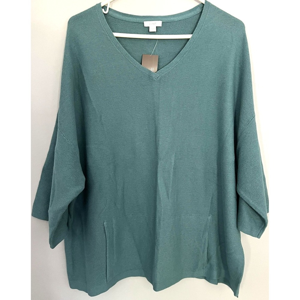 J Jill Sweater Women L Teal Seamed V-Neck Tunic Pullover‎ Pocket Silk/Wool NWT